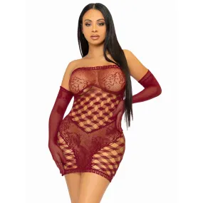 2 Pc Hardcore Net Tube Dress With Gloves - One Size - Burgundy