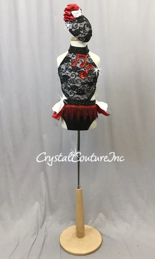 Black and White Connected 2 Piece with Red Accents - Swarovski Rhinestones