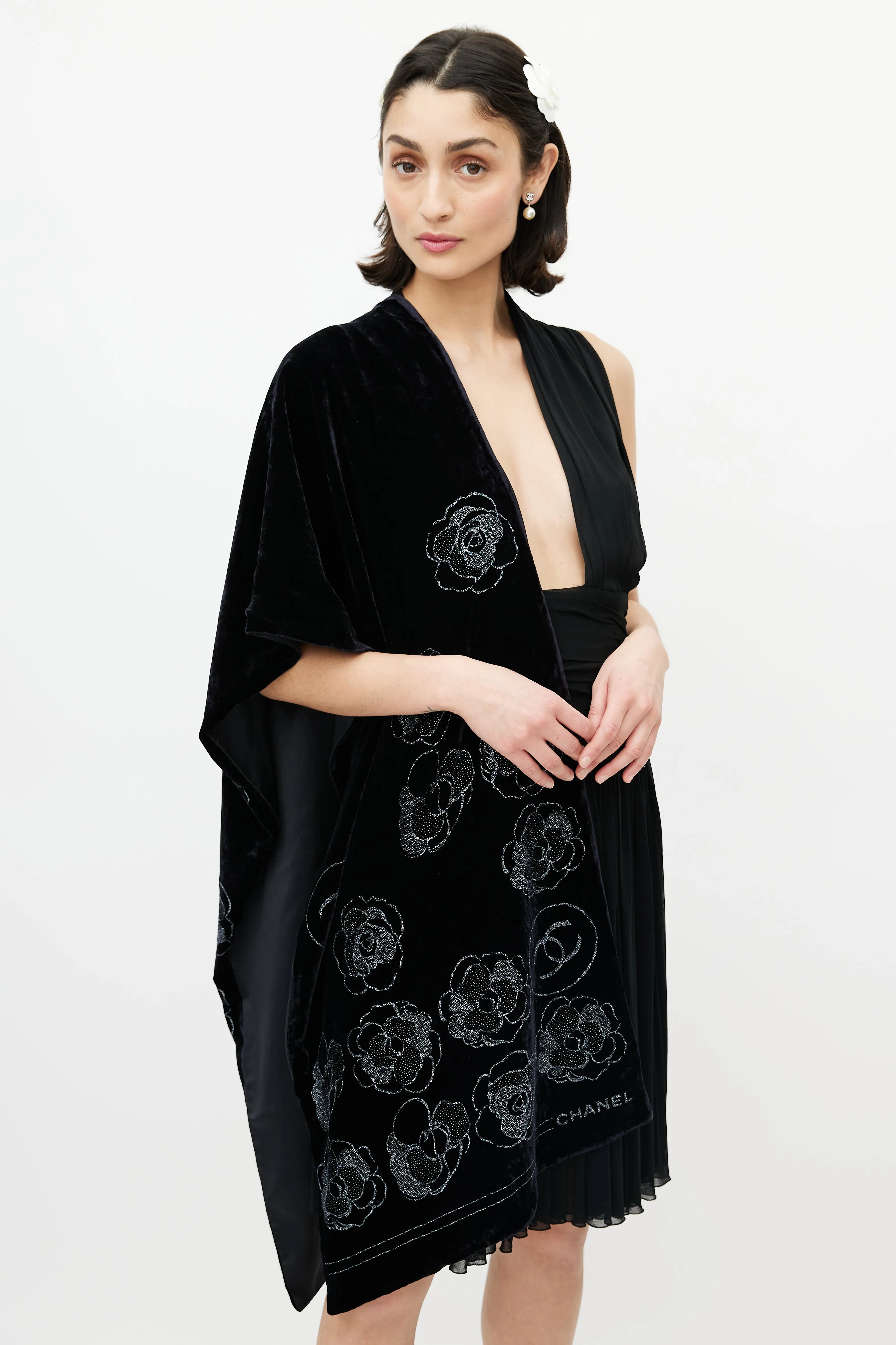 Black Velvet Floral Crystal Scarf