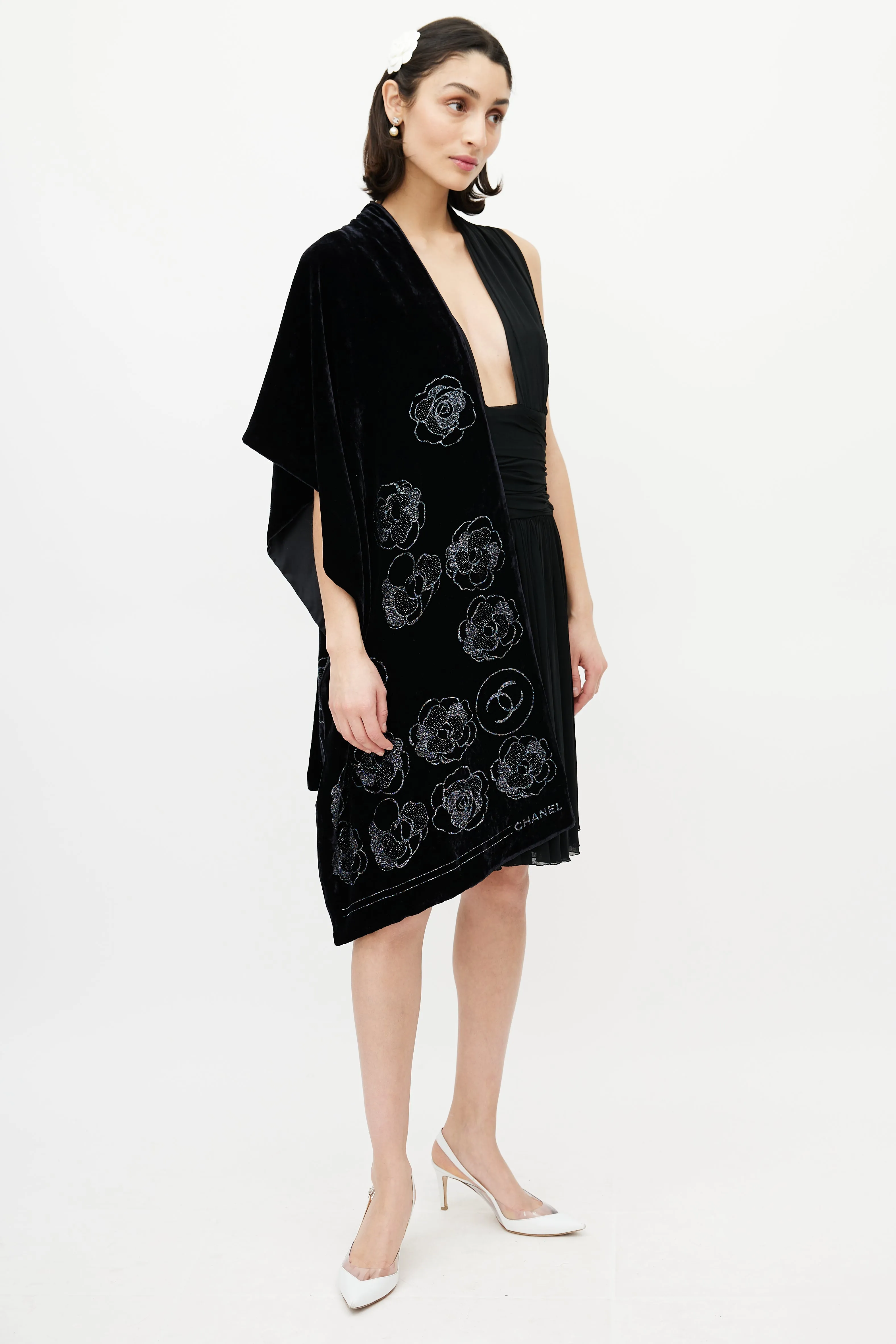 Black Velvet Floral Crystal Scarf