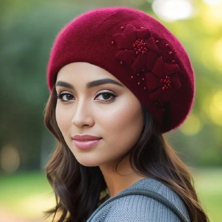 Cashmere Warm Rabbit Wool Knitted Pearl Beret Women's Hat