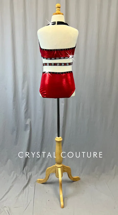 Custom Black & Red Leotard with Side Cutouts & Beaded Fringe - Rhinestones