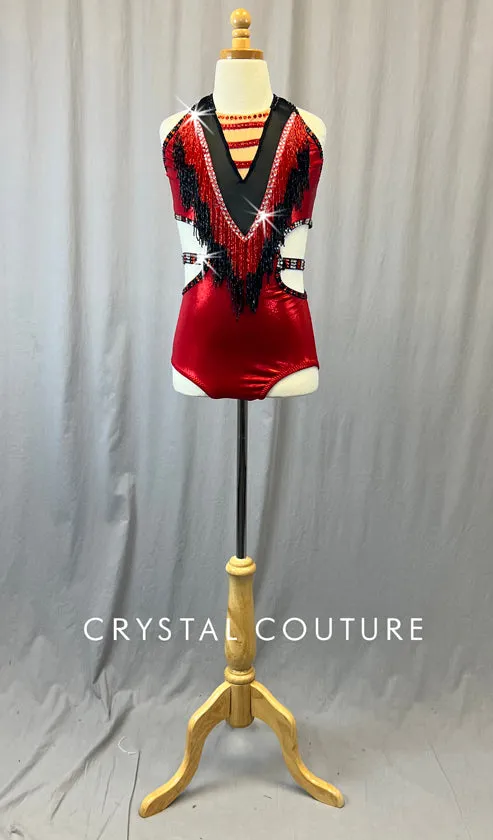 Custom Black & Red Leotard with Side Cutouts & Beaded Fringe - Rhinestones