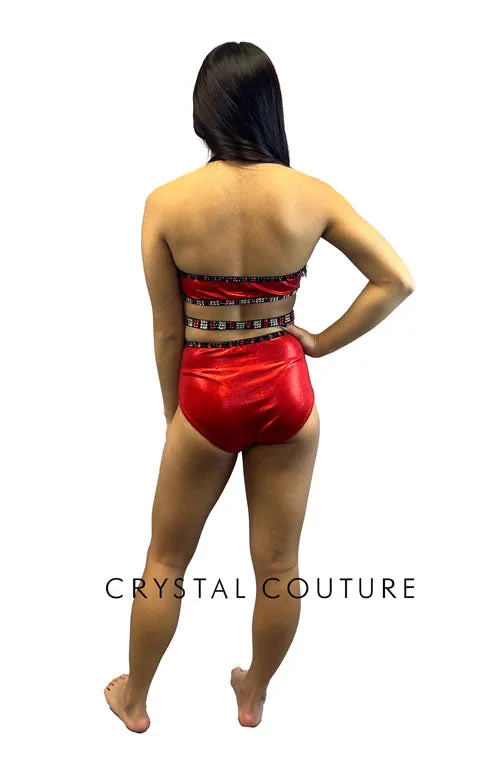 Custom Black & Red Leotard with Side Cutouts & Beaded Fringe - Rhinestones