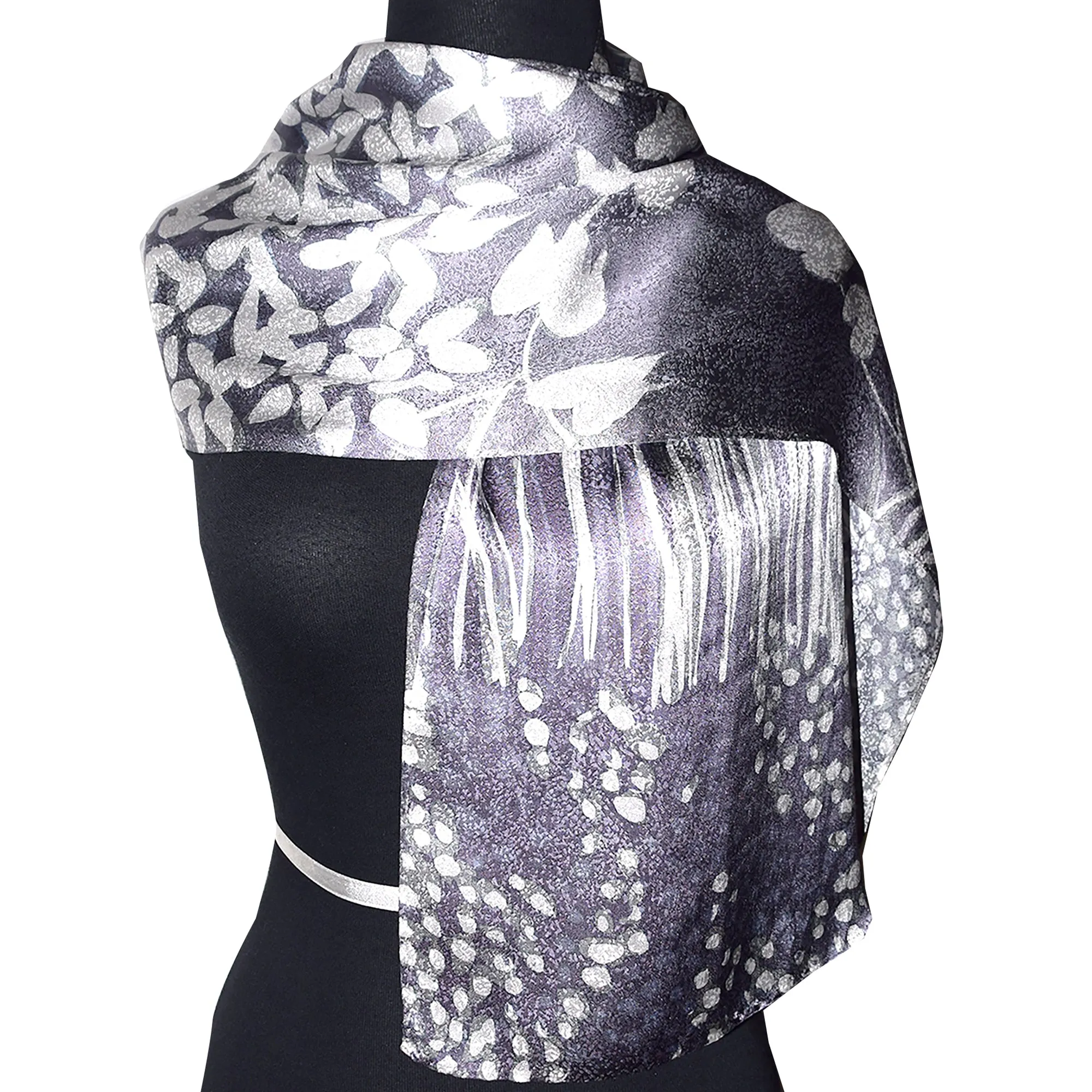 Elegant Handpainted Lavender Gray Asian Pattern Silk Jacquard Scarf