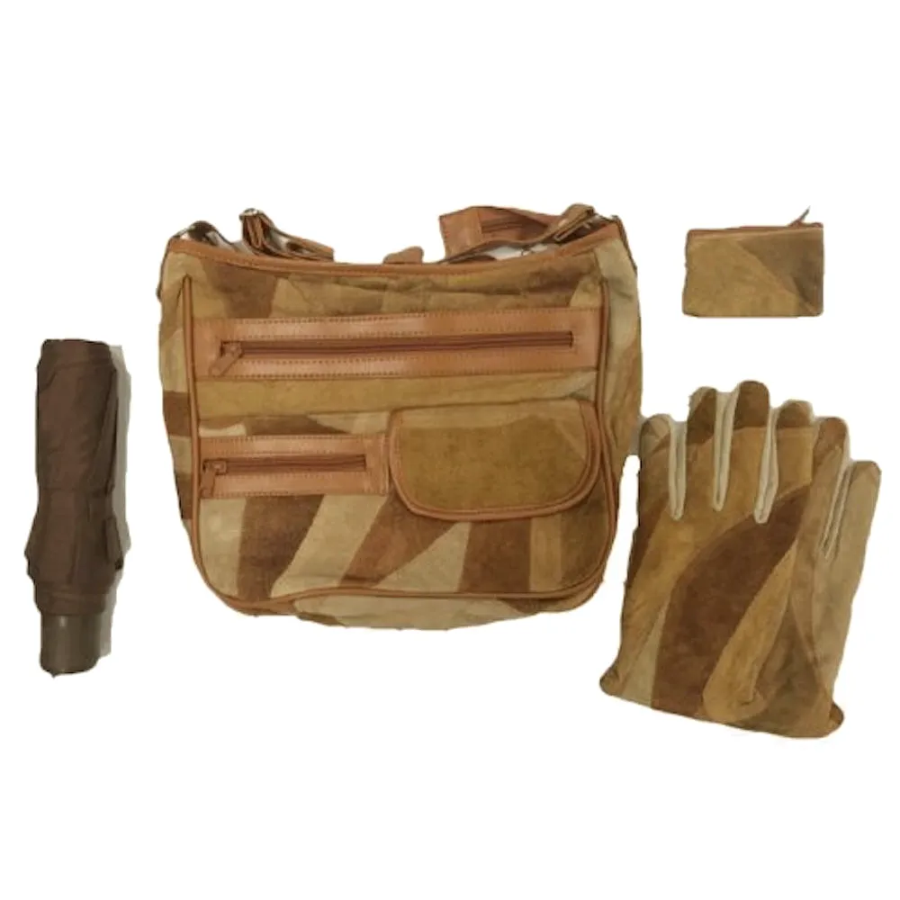 Patchwork Suede Shoulder Bag Set w/ Gloves, Umbrella and Coin Purse