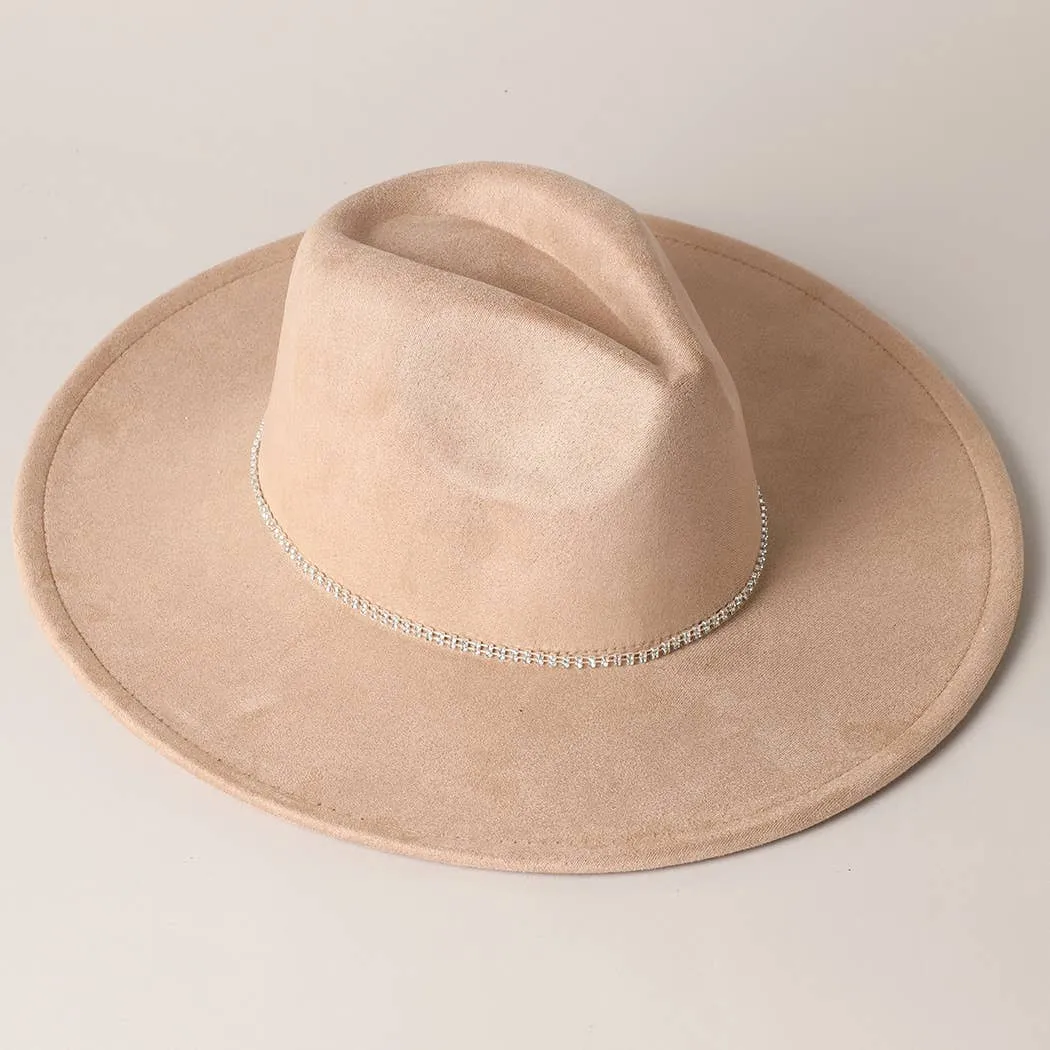 Rhinestone Wide Flat Brim Suede Fedora Hat