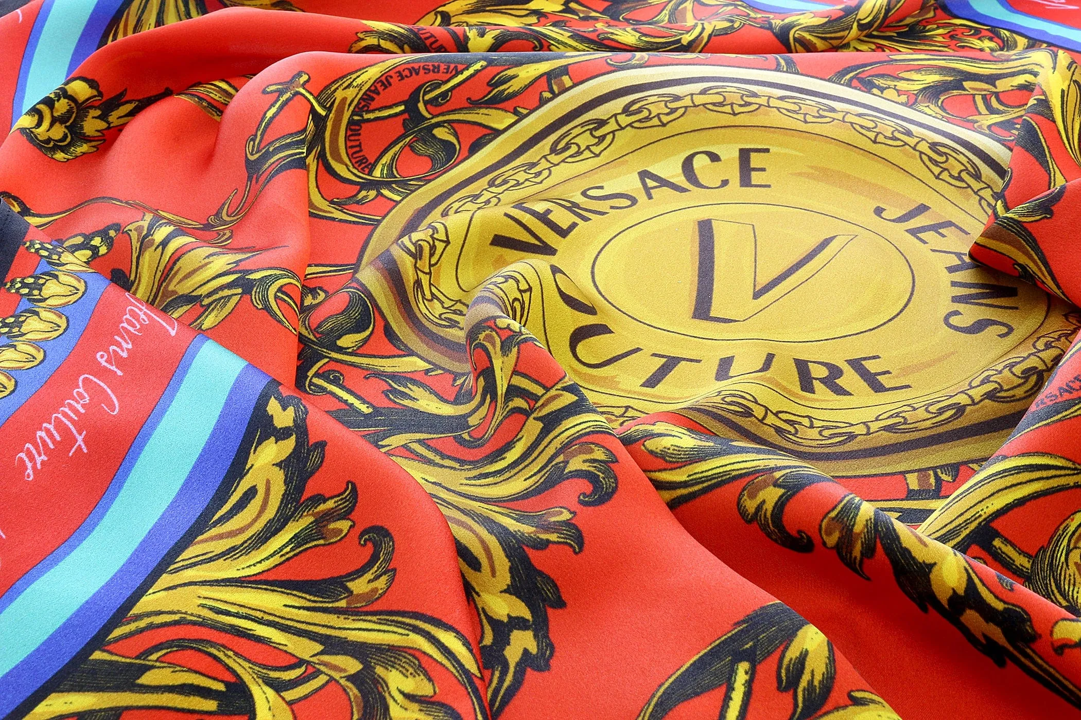 Versace Jeans Couture Baroque Print Poppy/Gold Pure Silk Scarf